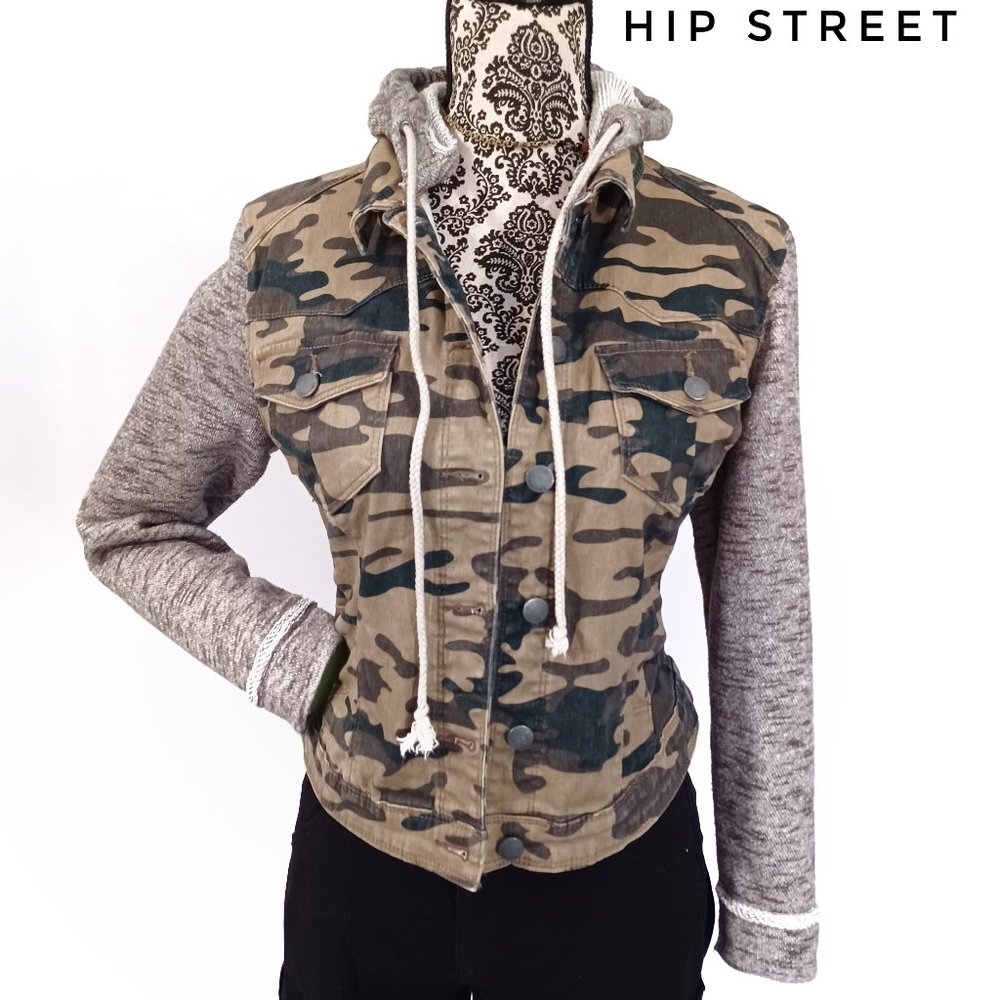 TINSELTOWN Stretch Cotton Camouflage Knit Sleeve Hoodie Jean Jacket M